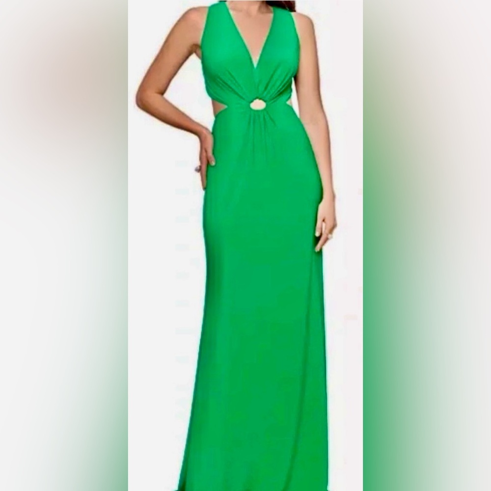 Betsy & Adam Gown Kelly Green w Side Cutouts. ZB8